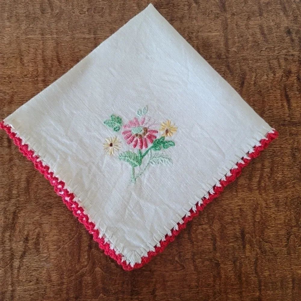 Vintage flower bouquet embroidered napkin serviette linen cream red trim handker